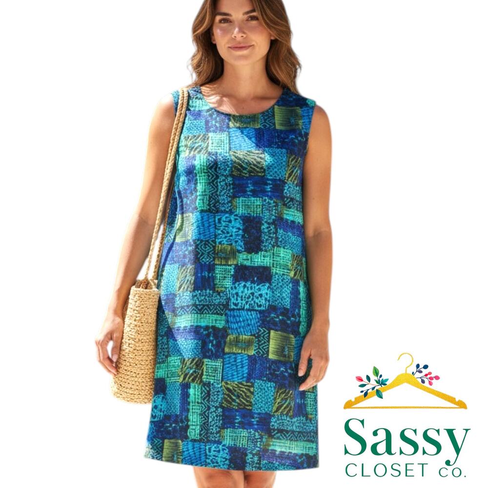 LANY Vintage 90s Blue Green Patchwork Shift Dress L Batik Geometric Resortwear